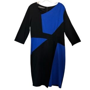 Homeyee Royal Blue & Black Colorblock Midi Dress 3/4 Sleeves - Size 12